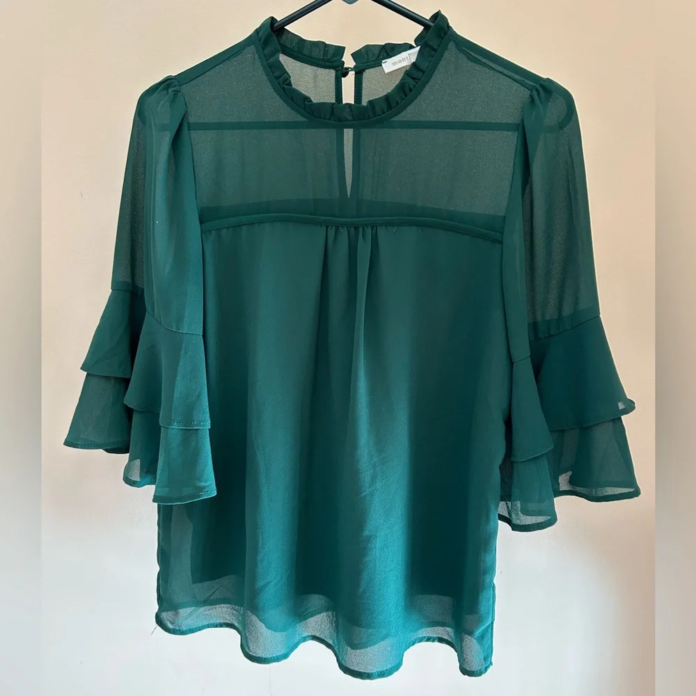 Monteau Los Angeles Emerald Green Blouse | Women S | Ruffle Sleeve Flowy Top - Picture 9 of 9